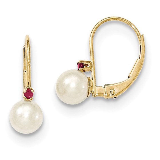 14k 5-5.5 mm White Cultured Pearl & .02ct. Ruby Leverback Earring 14k 5-5.5 mm White Cultured Pearl & .02ct. Ruby Leverback Earring
